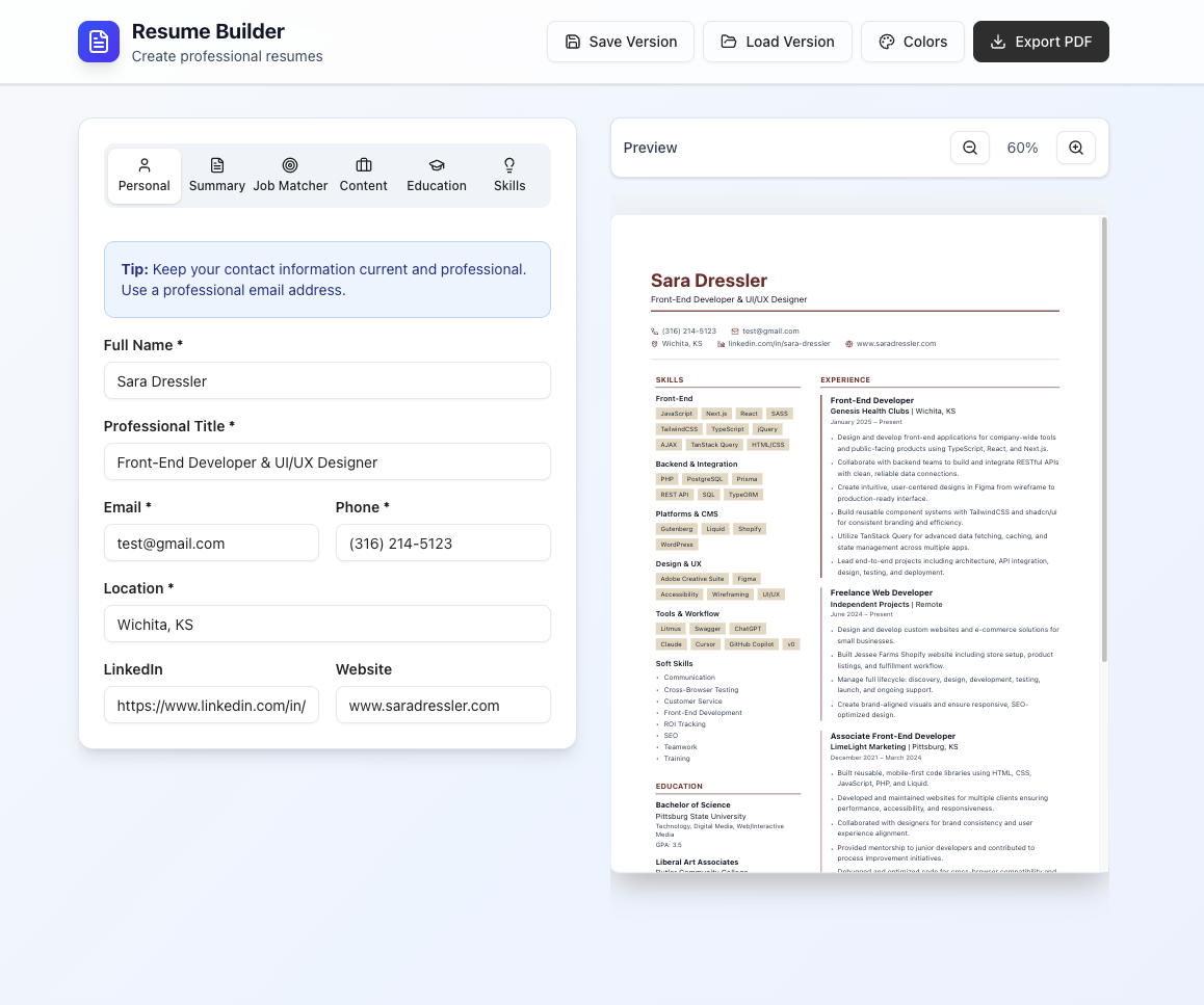 Resume Builder interface