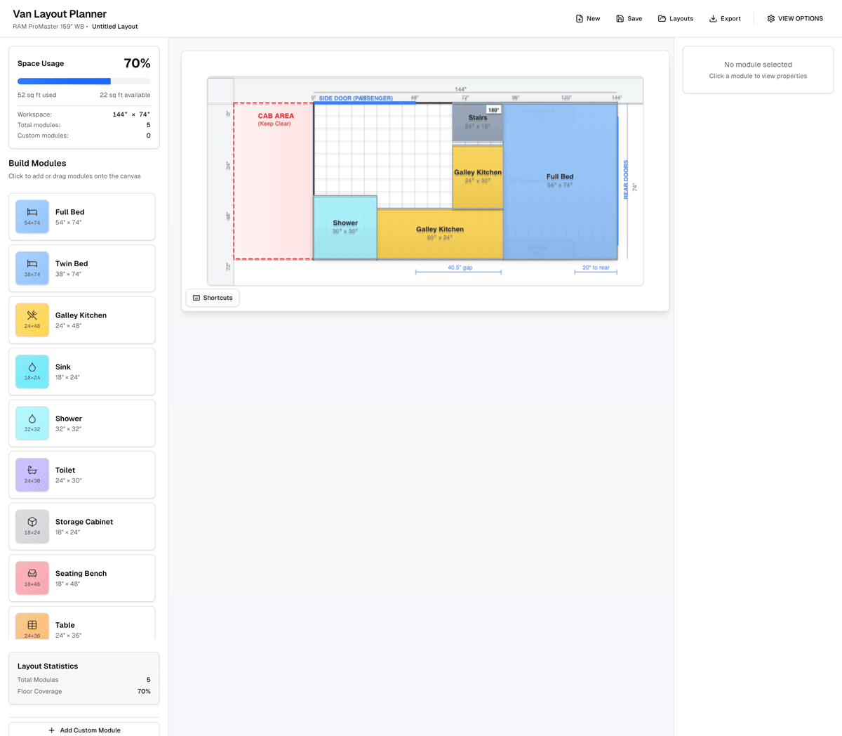 TinyVanPlan interface with van layout